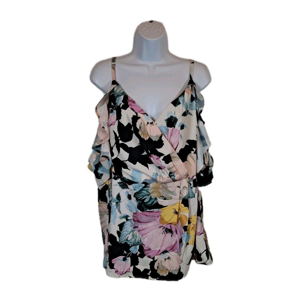 City Chic Women's Plus Kallie Print Top Size S Ivory Melanie Bloom Cold Shoulder
